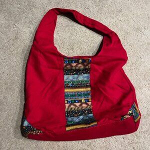 Boho Hippie Red Cotton Zip Shoulder Bag Handmade 15"x12" LIKE NEW